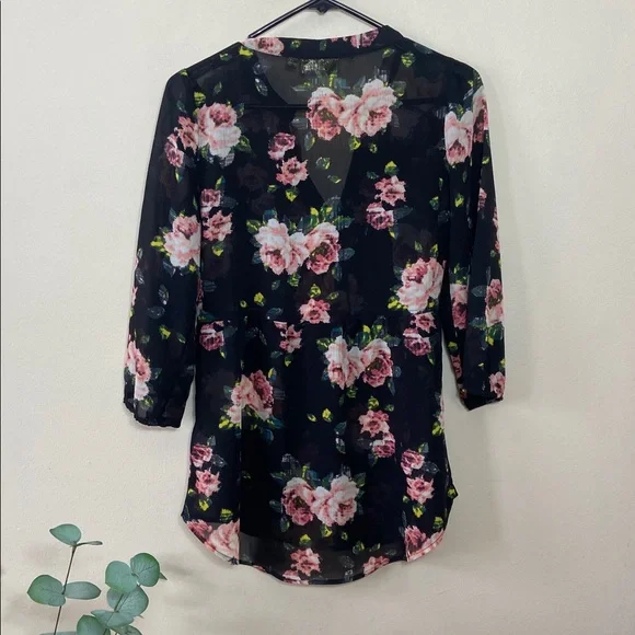 Black & Pink Sheer Floral Vera Wang Princess Blouse Medium Juniors Long Sleeve - Picture 5 of 6